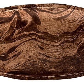Carved Marbled Wood Tray/Bowl: This unique hand-carved wood tray or bowl features a striking marbled grain pattern with rich dark brown and lighter brown hues. The elongated, canoe-like form gives it a distinctive aesthetic,