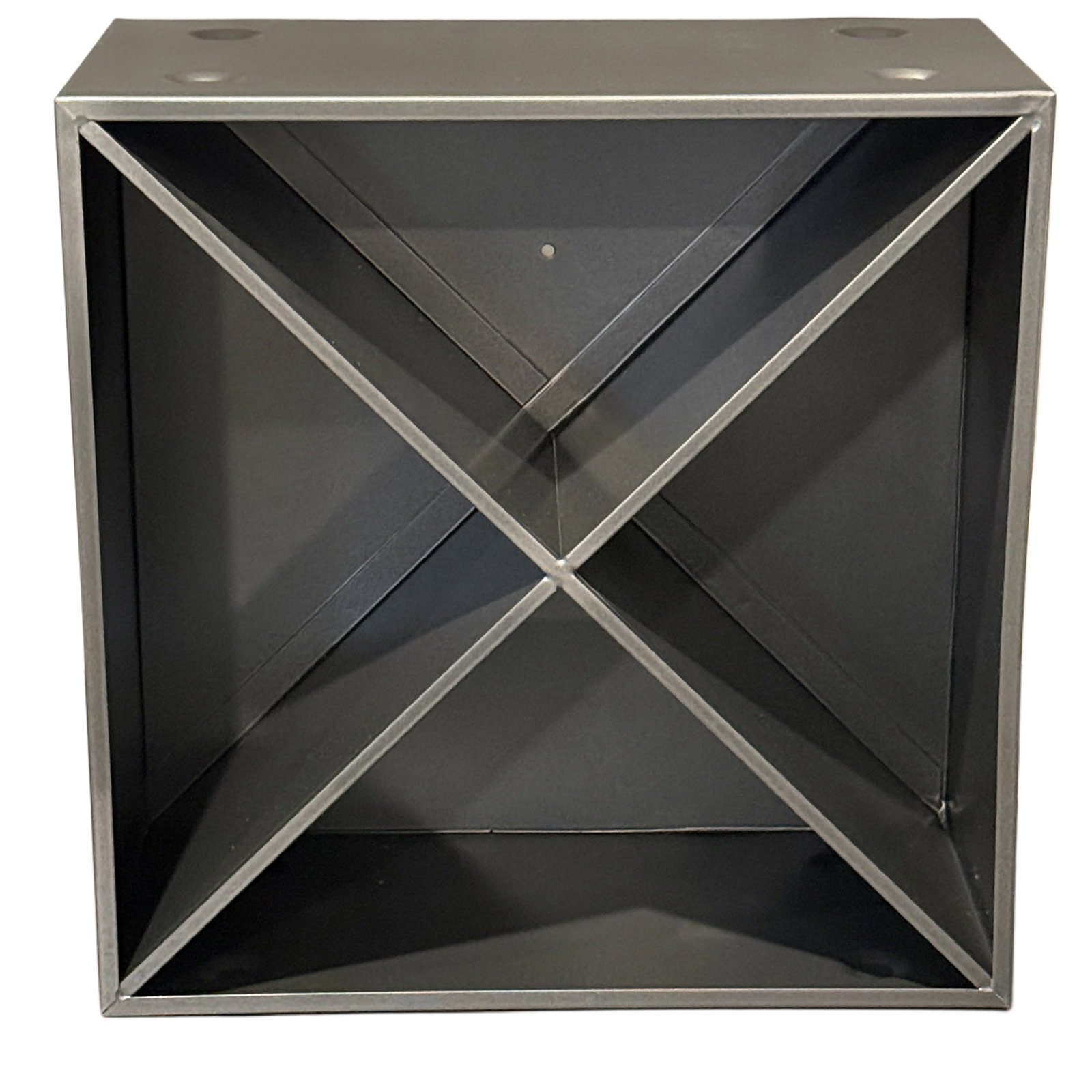 Set of 6 Contemporary Metal Wine Rack Crates from Crate & Barrel: A contemporary and minimalist metal wine rack crates. The design features a sturdy, dark grey or charcoal-finished metal construction forming four internal compartments in an "X" shape, ideal for