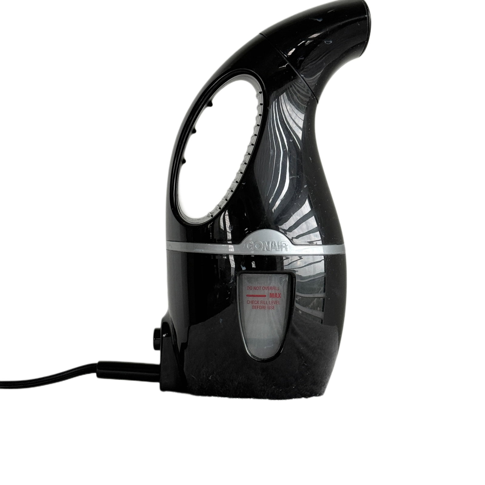 Conair Travel Hair Dryer with Concentrator Attachment: A compact Conair travel hair dryer, finished in black plastic with silver-tone accents. The design is characteristic of late 20th to early 21st-century travel hair dryers, prioritizing portability.