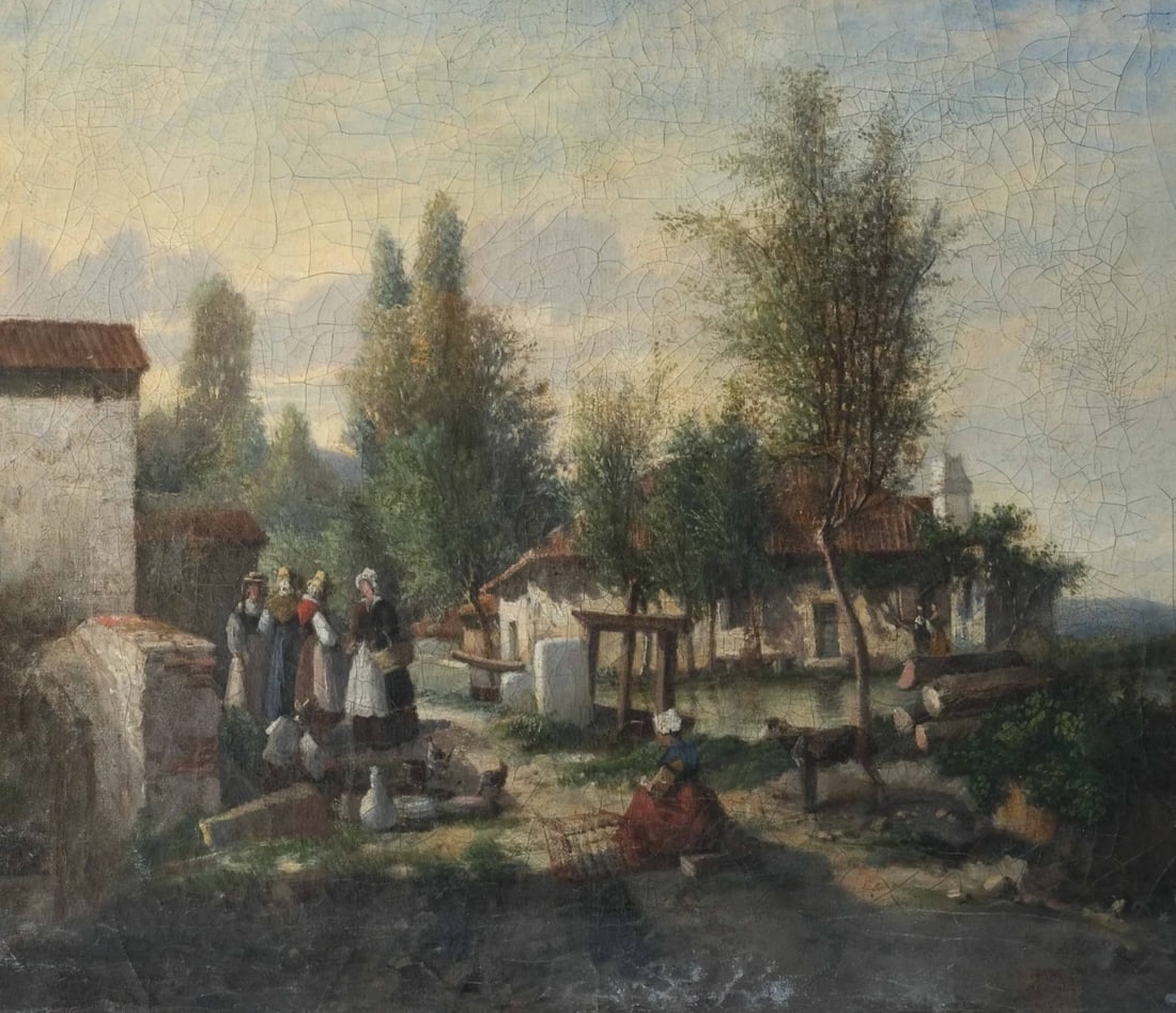Bretonnes Women in a Landscape, Houses - Painting Antique Original Oil: Oil on canvas 36 x 45 cm / 14.17 x 17.71 inches Reserve: $400.00 Shipping: Domestic: Flat-rate of $80.00 to anywhere within the contiguous U.S. International: Foreign shipping rates are determined by