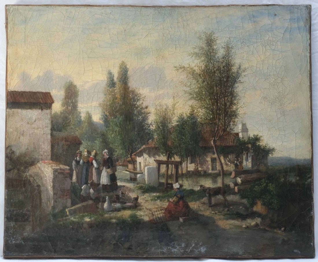 Bretonnes Women in a Landscape, Houses - Painting Antique Original Oil - 4