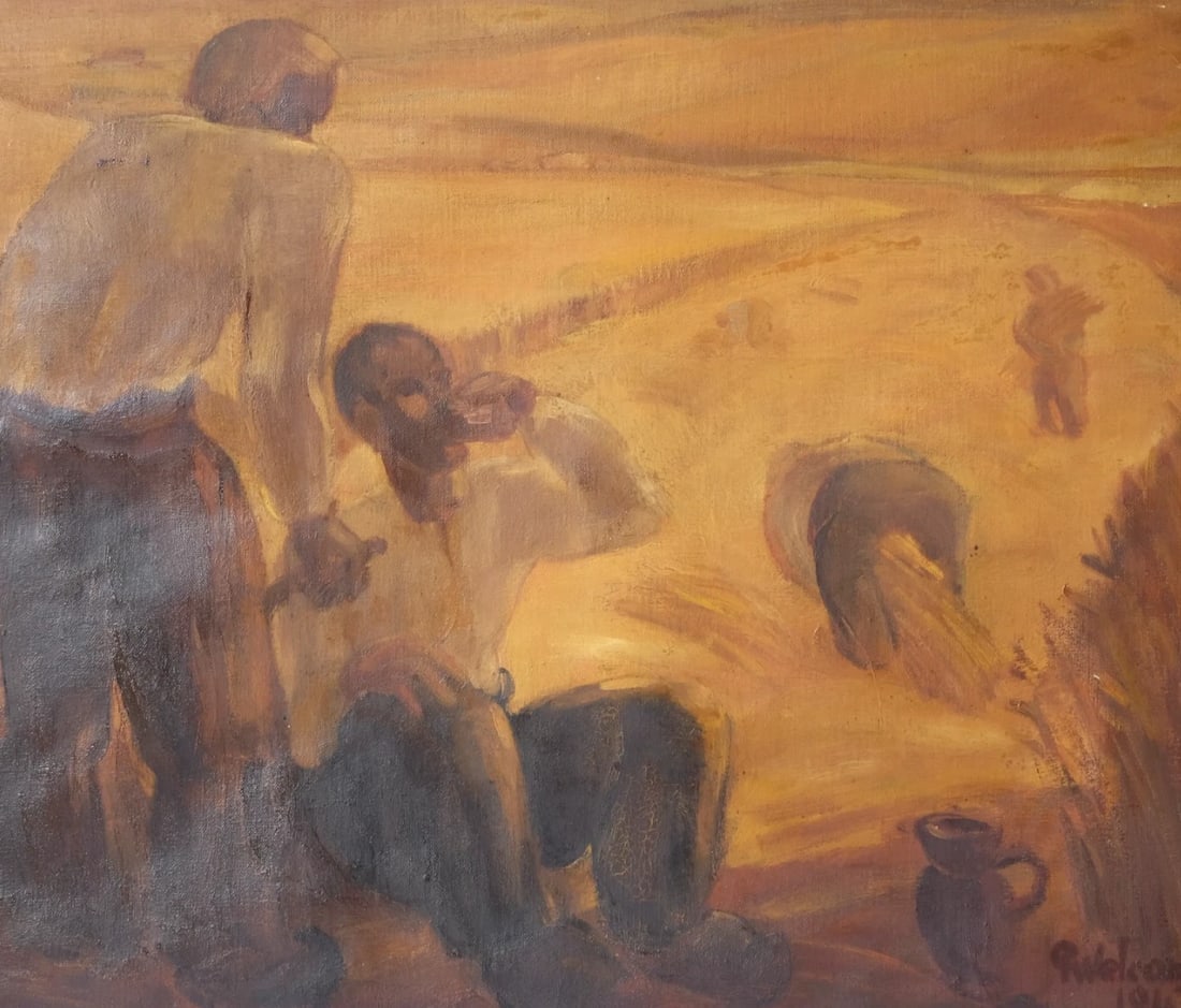 Pierre WELCOMME (1912-2013) Workers in Fields 1943 Painting: Oil on canvas 53.5 x 63.5 cm / 21.06 x 25 inches Reserve: $500.00 Shipping: Domestic: Flat-rate of $80.00 to anywhere within the contiguous U.S. International: Foreign shipping rates are determined