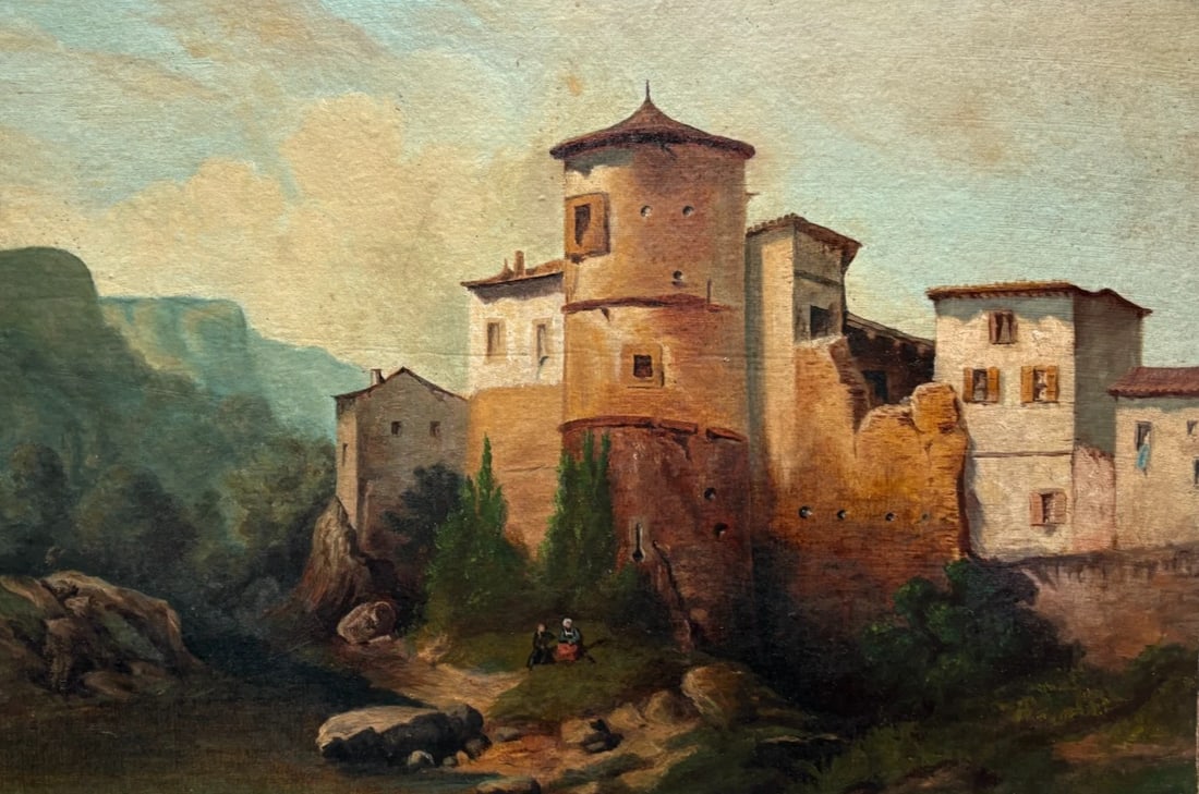 19th Century Fortified Hamlet Village Landscape -Painting Antique Oil Original: Oil on cardboard 31 x 47 cm missing parts, small accidents Reserve: $300.00 Shipping: Domestic: Flat-rate of $60.00 to anywhere within the contiguous U.S. International: Foreign shipping rates are det