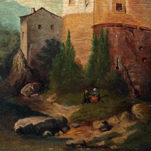 19th Century Fortified Hamlet Village Landscape -Painting Antique Oil Original - 3