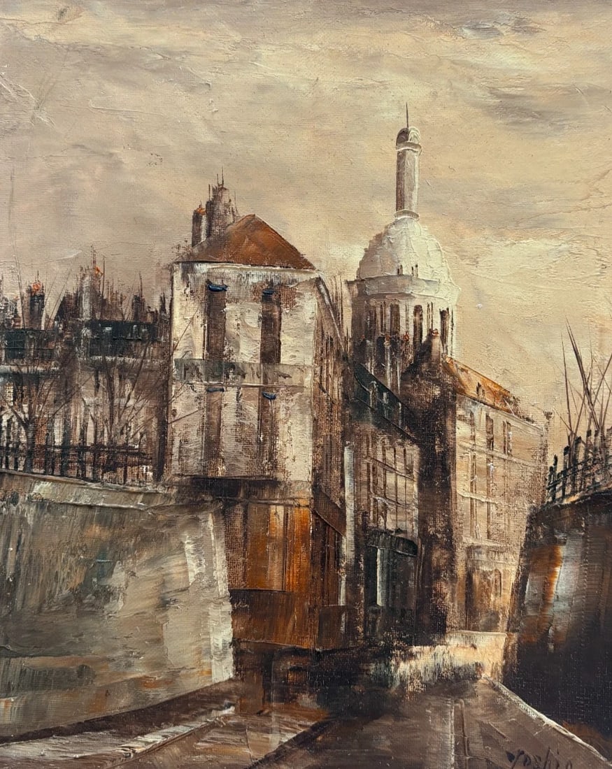 Kanamori YOSHIO? Cityview, Buildings - Antique Original Painting signed: Oil on canvas 24.5 x 22 cm / 9.64 x 8.66 inches signed Reserve: $300.00 Shipping: Domestic: Flat-rate of $25.00 to anywhere within the contiguous U.S. International: Foreign shipping rates are determi
