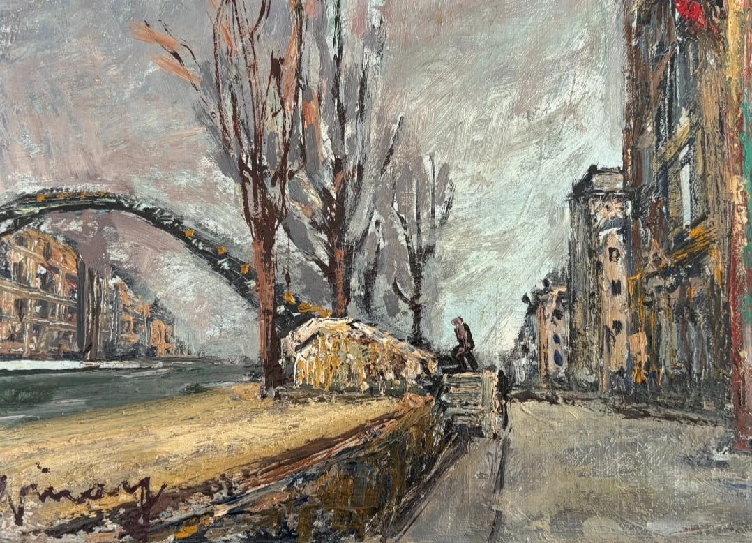 Jean VINAY (1907-1978) Canal Saint Martin, Paris - Painting Antique Oil signed: Oil on cardboard 22 x 33 cm / 8.66 x 12.99 inches signed Reserve: $300.00 Shipping: Domestic: Flat-rate of $25.00 to anywhere within the contiguous U.S. International: Foreign shipping rates are