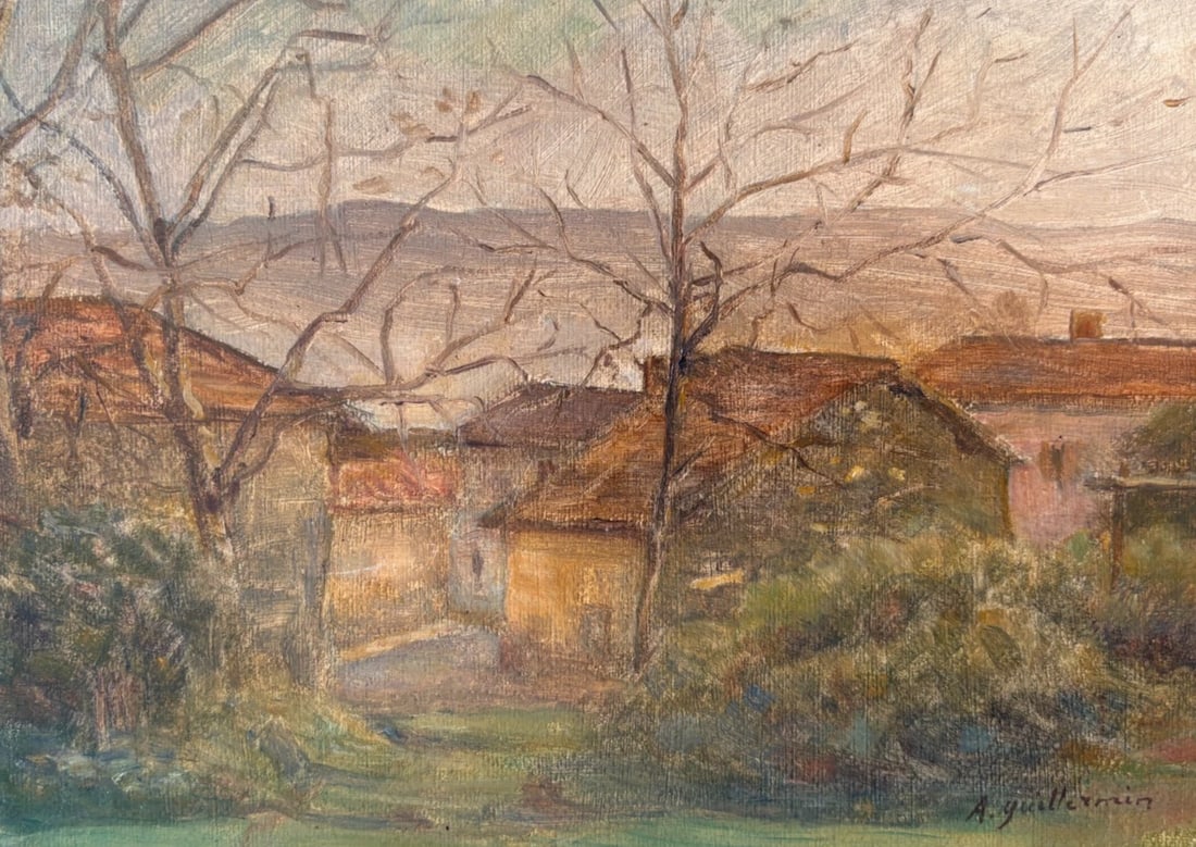 Landscape, Nature, Trees, Village, Houses - Antique Oil Painting Signed: Oil on cardboard 19 x 26 cm / 7.48 x 10.23 inches signed Alexandre DE GUILLERMIN (XIX) Reserve: $350.00 Shipping: Domestic: Flat-rate of $25.00 to anywhere within the contiguous U.S. International: Fo
