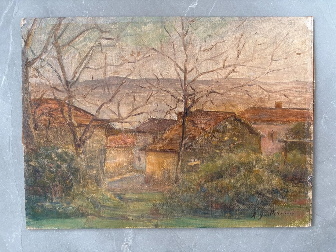 Landscape, Nature, Trees, Village, Houses - Antique Oil Painting Signed - 2