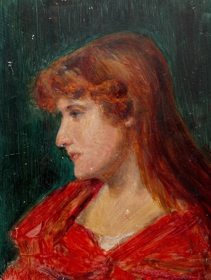 Portrait, People, Woman, Red, Gingy - Painting Antique Original: Oil on wood 27 x 22 cm / 10.62 x 8.66 inches Reserve: $300.00 Shipping: Domestic: Flat-rate of $25.00 to anywhere within the contiguous U.S. International: Foreign shipping rates are determined by des