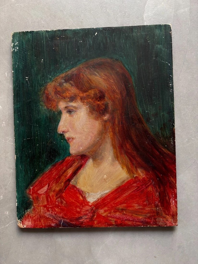 Portrait, People, Woman, Red, Gingy - Painting Antique Original - 2