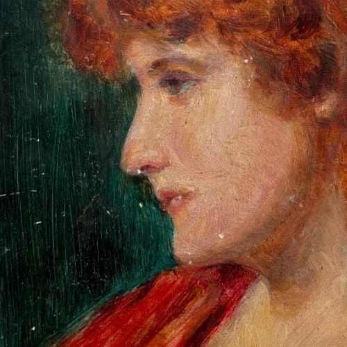 Portrait, People, Woman, Red, Gingy - Painting Antique Original - 3