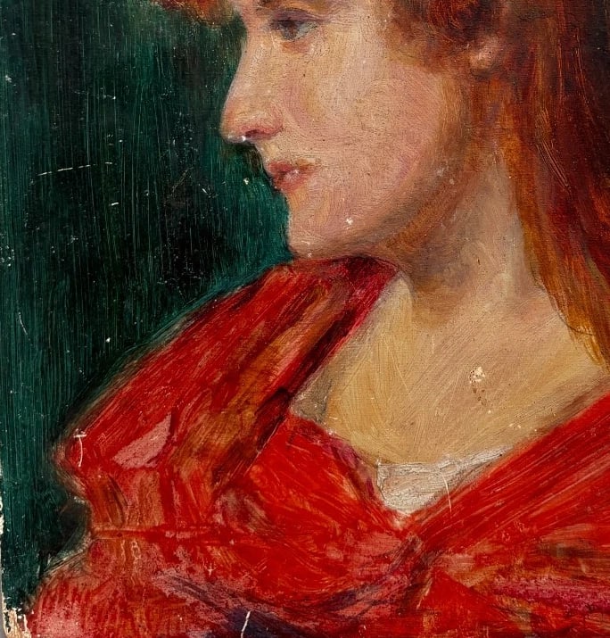 Portrait, People, Woman, Red, Gingy - Painting Antique Original - 5