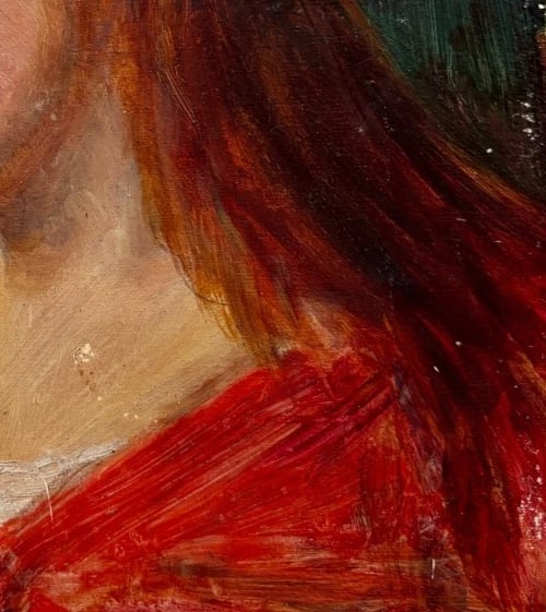 Portrait, People, Woman, Red, Gingy - Painting Antique Original - 6