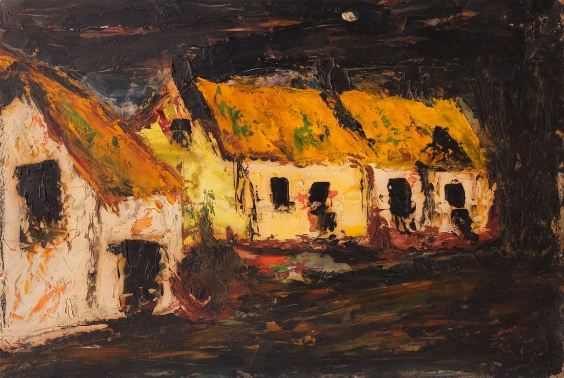 Landscape, Village, Houses, Expressionist signed 1960 Modern Original Painting: Oil on isorel 23,5 x 40 cm signed small damages Reserve: $300.00 Shipping: Domestic: Flat-rate of $60.00 to anywhere within the contiguous U.S. International: Foreign shipping rates are determined by 