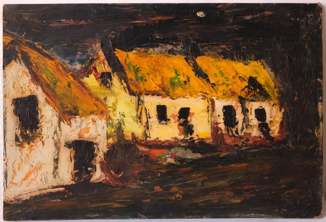 Landscape, Village, Houses, Expressionist signed 1960 Modern Original Painting - 2
