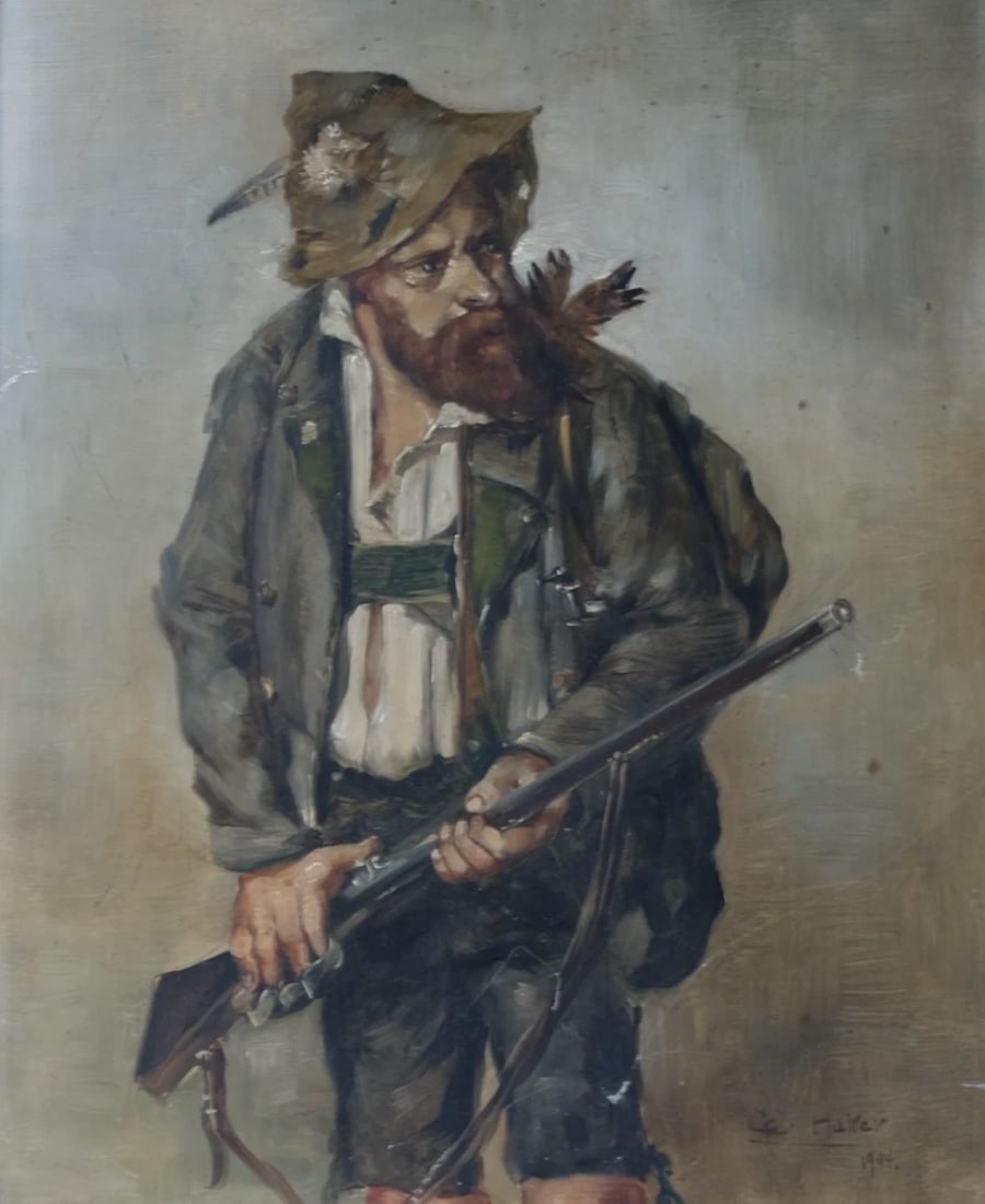 Painting Hunter Man with Riffle Portrait signed 1904: Oil on wood 40 x 30 cm / 15.74 x 11.81 inches stains Reserve: $200.00 Shipping: Domestic: Flat-rate of $45.00 to anywhere within the contiguous U.S. International: Foreign shipping rates are determine