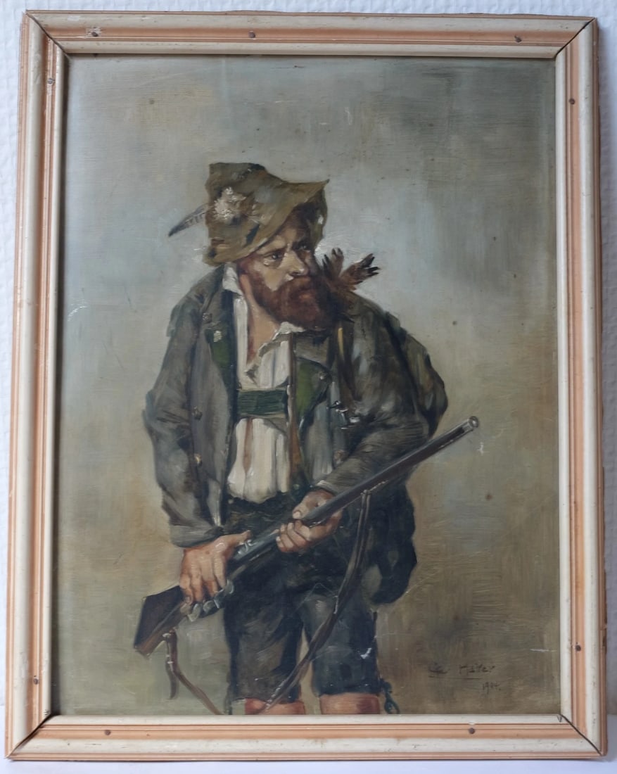 Painting Hunter Man with Riffle Portrait signed 1904 - 6