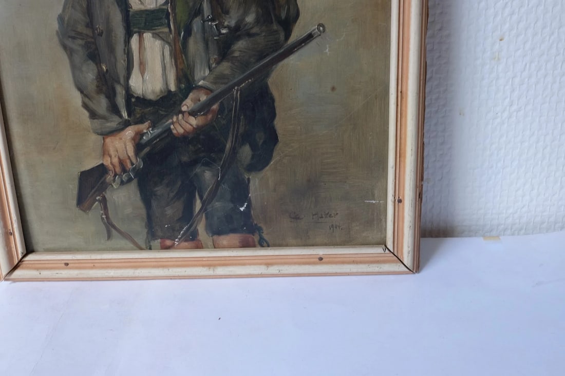 Painting Hunter Man with Riffle Portrait signed 1904 - 7
