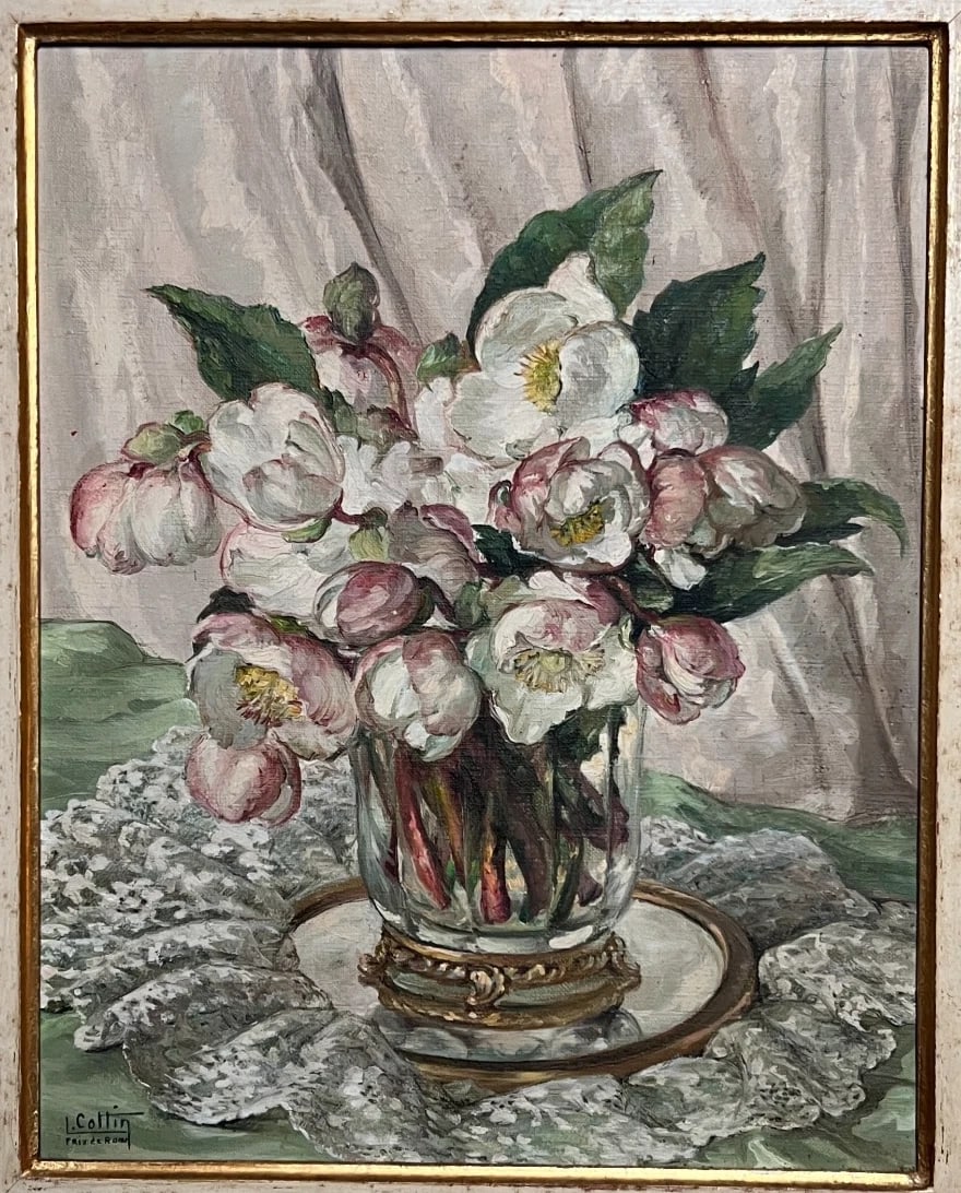 Painting Roses Flower Bouquet by Louise COTTIN (1907-1974): Oil on canvas 33 x 41 cm signed 1934 Reserve: $700.00 Shipping: Domestic: Flat-rate of $80.00 to anywhere within the contiguous U.S. International: Foreign shipping rates are determined by destination