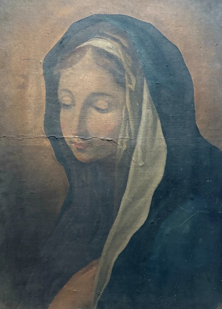 Mary, Bible, Religious, Portrait, People - Painting Antique Original: Oil on canvas 52 x 37 cm / 20.47 x 14.56 inches damaged Reserve: $800.00 Shipping: Domestic: Flat-rate of $80.00 to anywhere within the contiguous U.S. International: Foreign shipping rates are determ