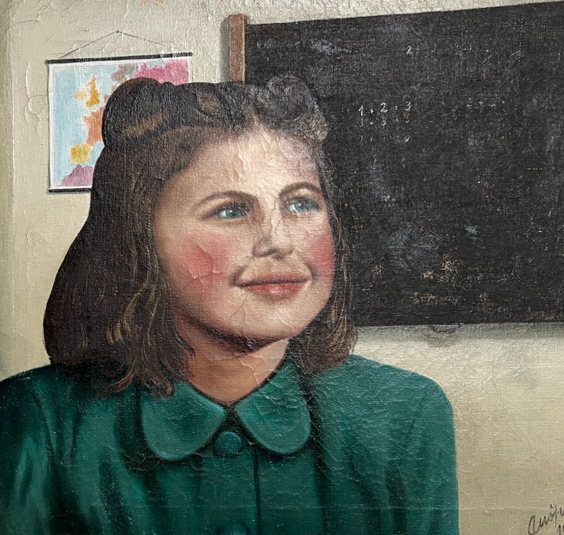 Young Girl Portrait, Classroom, Map - Antique Oil Painting canvas signed: Oil on canvas signed, 1953 45 x 50 cm damages Reserve: $300.00 Shipping: Domestic: Flat-rate of $80.00 to anywhere within the contiguous U.S. International: Foreign shipping rates are determined by