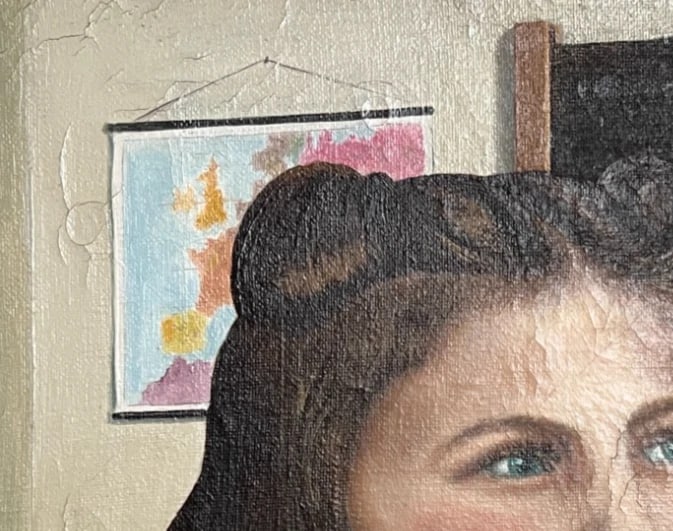 Young Girl Portrait, Classroom, Map - Antique Oil Painting canvas signed - 4