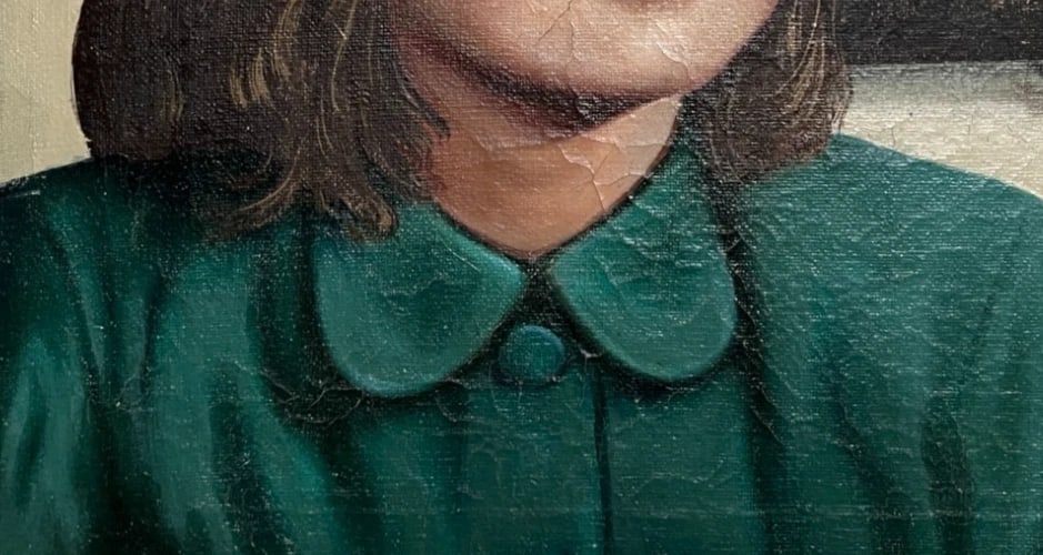 Young Girl Portrait, Classroom, Map - Antique Oil Painting canvas signed - 5