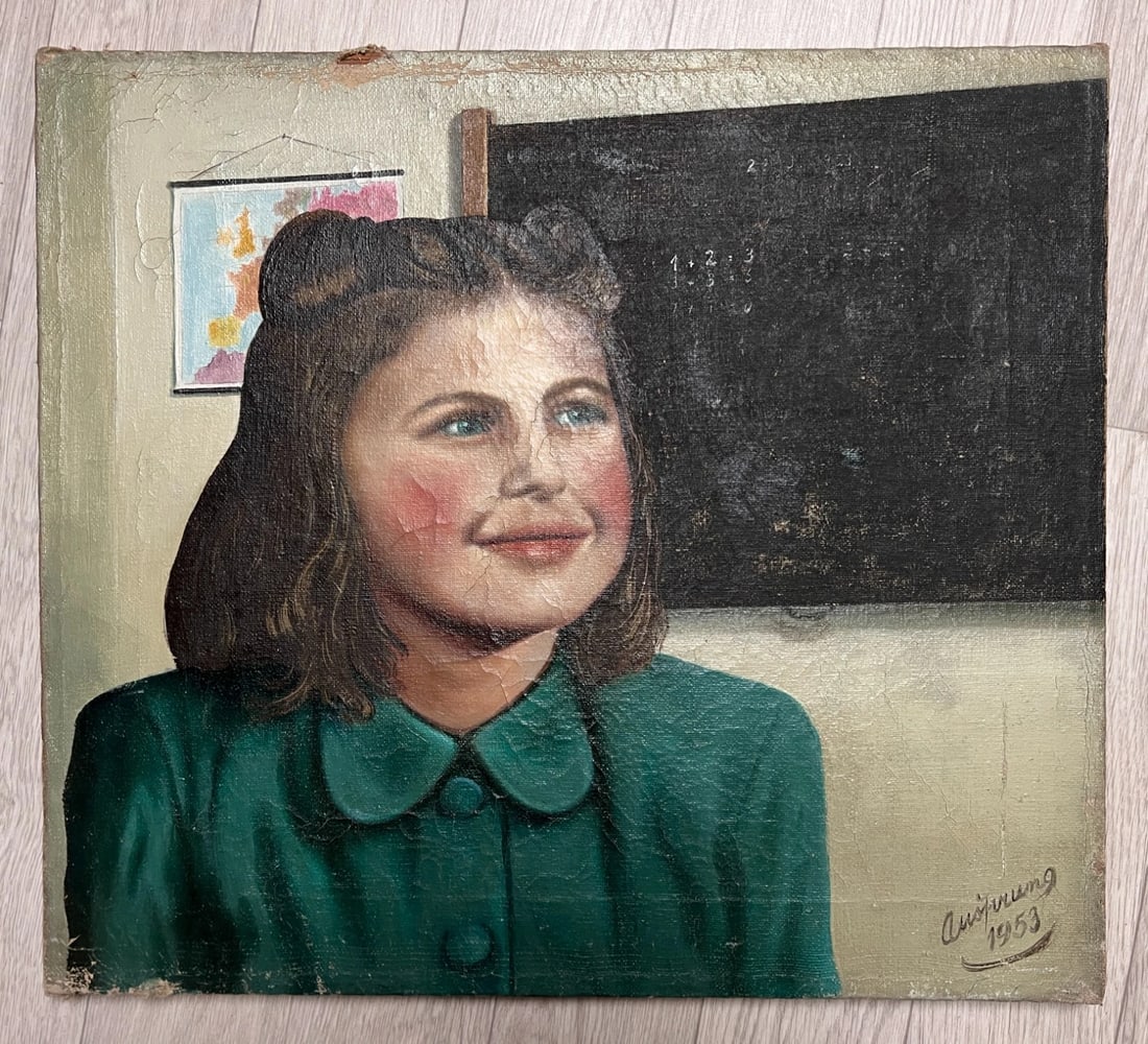 Young Girl Portrait, Classroom, Map - Antique Oil Painting canvas signed - 6