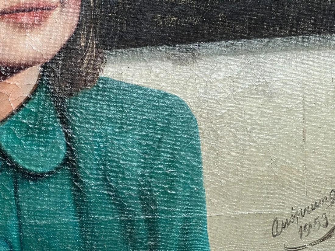 Young Girl Portrait, Classroom, Map - Antique Oil Painting canvas signed - 7