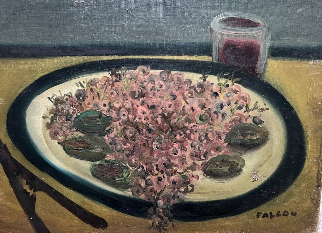 Painting Still Life Flower Plate and Wine Glass: Oil on canvas 33 x 46 cm signed damages Reserve: $200.00 Shipping: Domestic: Flat-rate of $40.00 to anywhere within the contiguous U.S. International: Foreign shipping rates are determined by