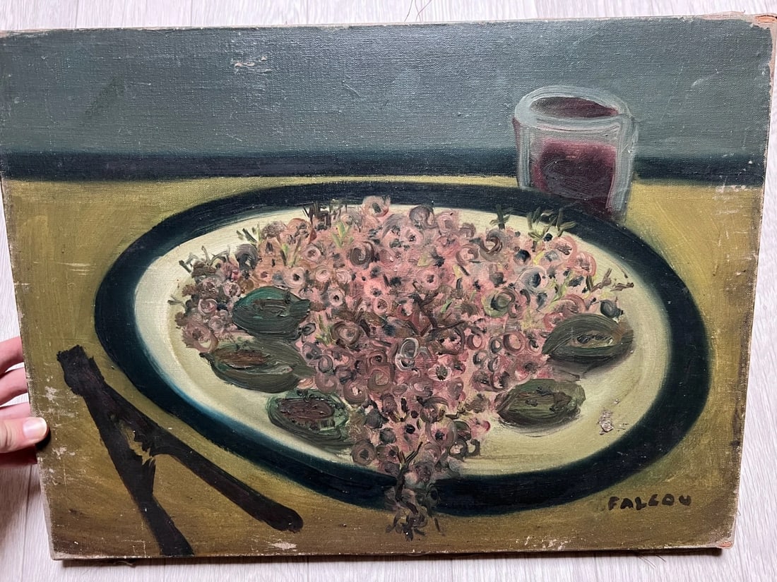 Painting Still Life Flower Plate and Wine Glass - 6