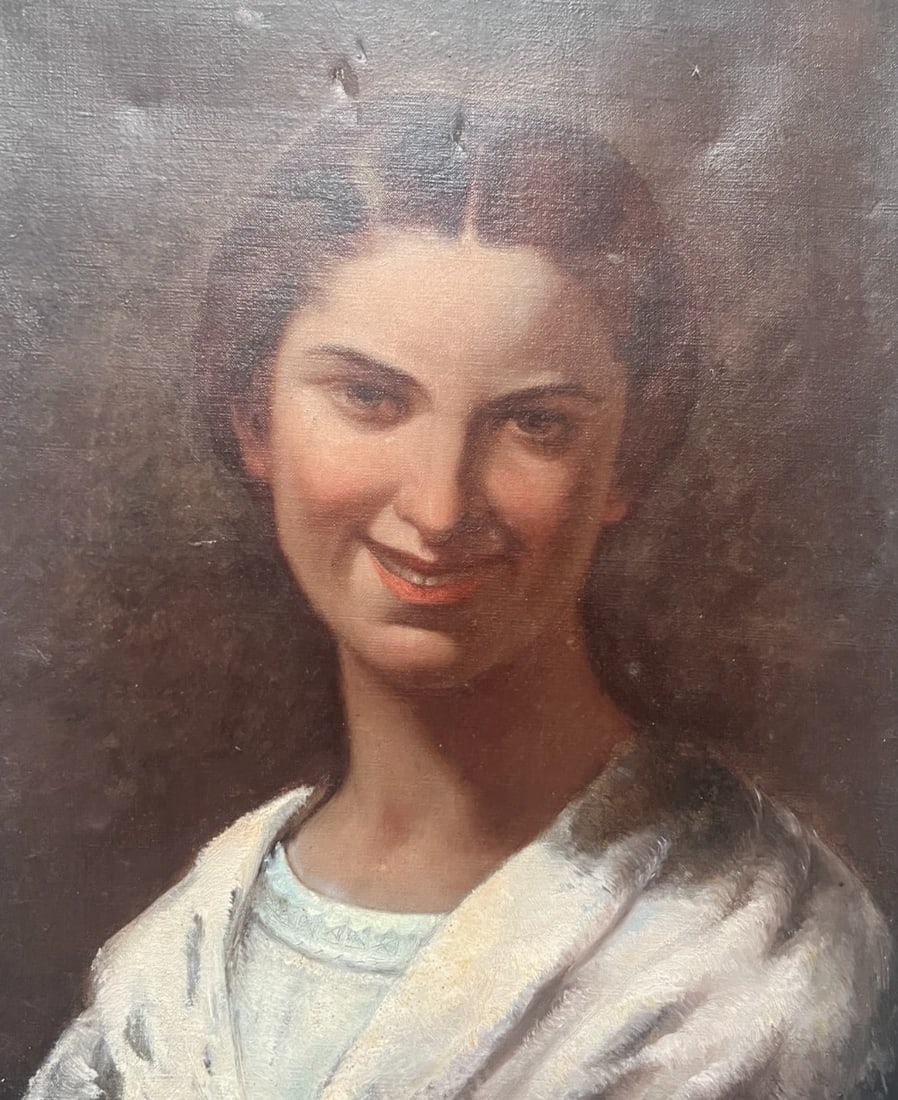 Antique Oil Original Painting Woman Portrait, Smile: oil on canvas 46 x 38 cm small damages Reserve: $400.00 Shipping: Domestic: Flat-rate of $80.00 to anywhere within the contiguous U.S. International: Foreign shipping rates are determined by