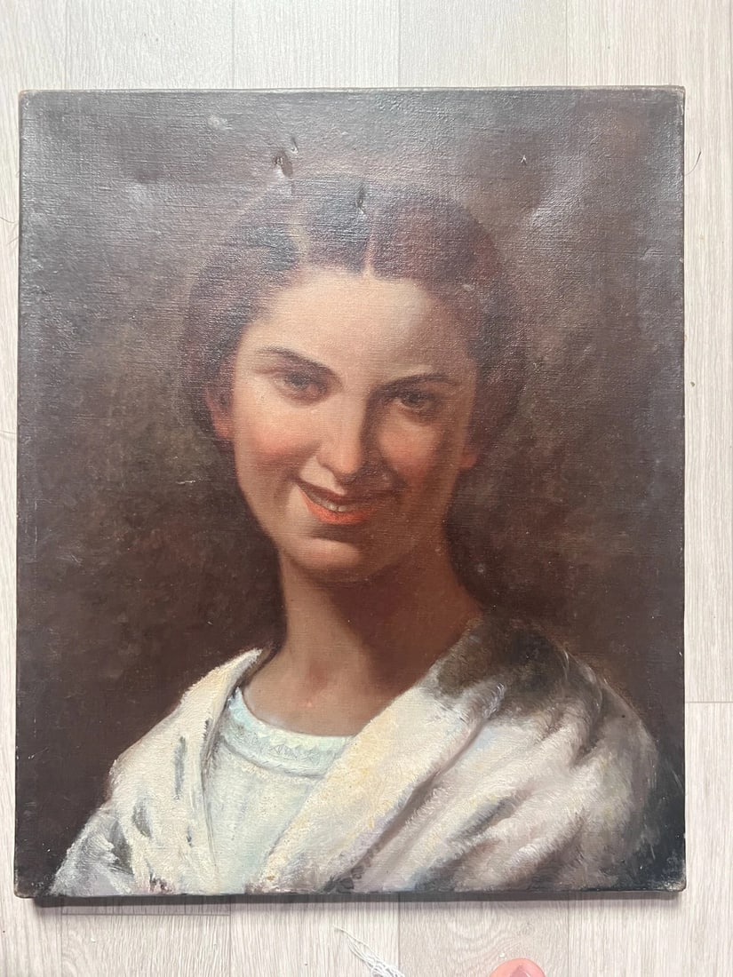 Antique Oil Original Painting Woman Portrait, Smile - 7
