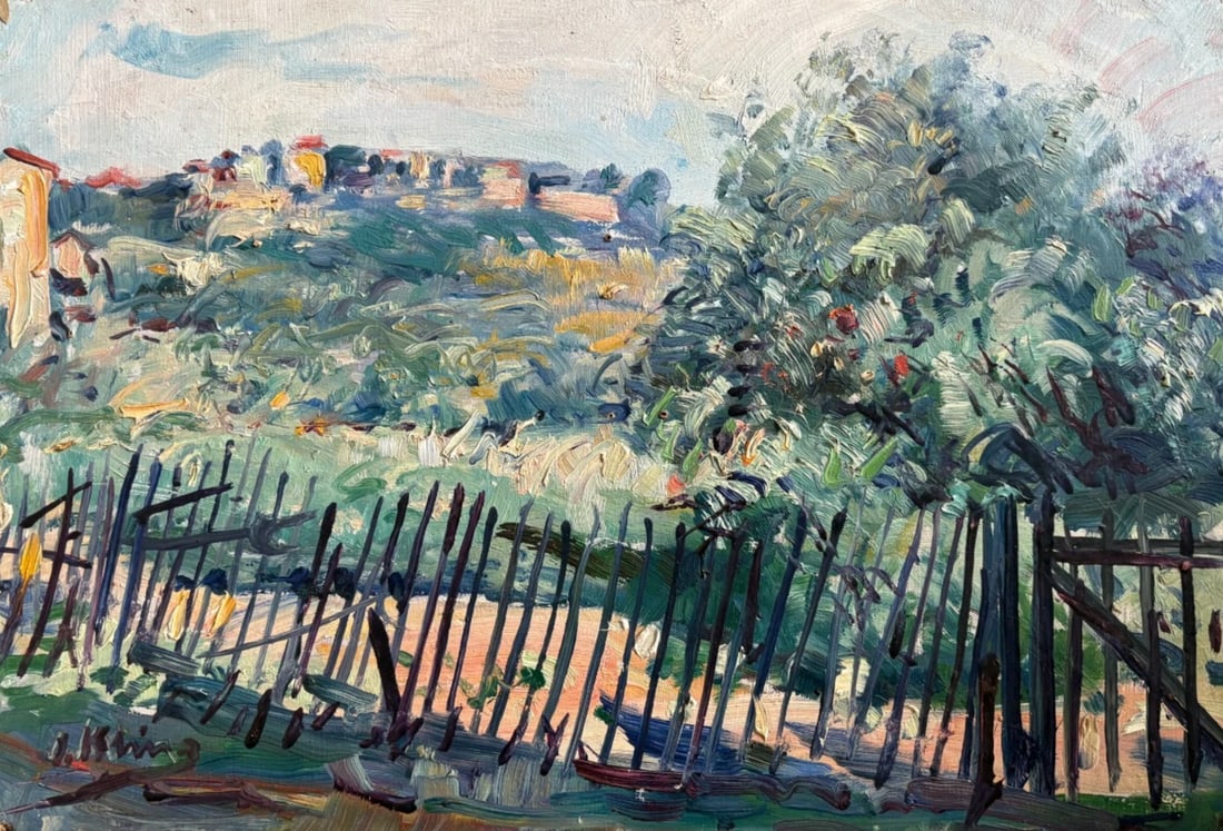 Landscape, Nature, Trees, Cityview - Antique Oil Painting Signed: Oil on thing cardboard 27 x 39 cm / 10.62 x 15.35 inches small holes Reserve: $180.00 Shipping: Domestic: Flat-rate of $25.00 to anywhere within the contiguous U.S. International: Foreign shipping