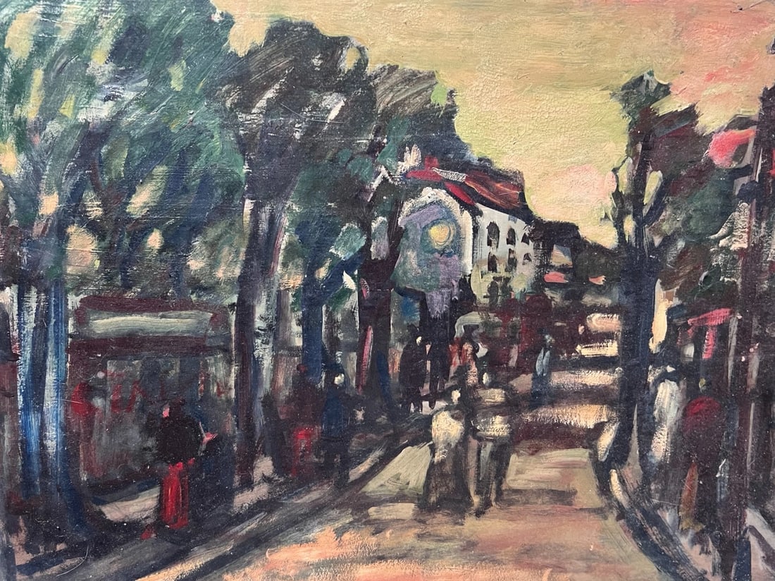 Antique Painting Original Landscape, Cityview, People signed: Oil on isorel 46 x 62 cm signed, Jean VINAY (1907-1978) tiny damaged Reserve: $400.00 Shipping: Domestic: Flat-rate of $80.00 to anywhere within the contiguous U.S. International: Foreign shipping rat