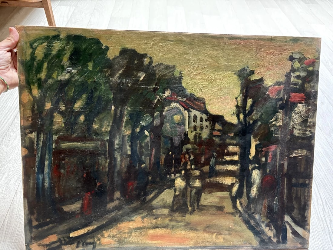 Antique Painting Original Landscape, Cityview, People signed - 2