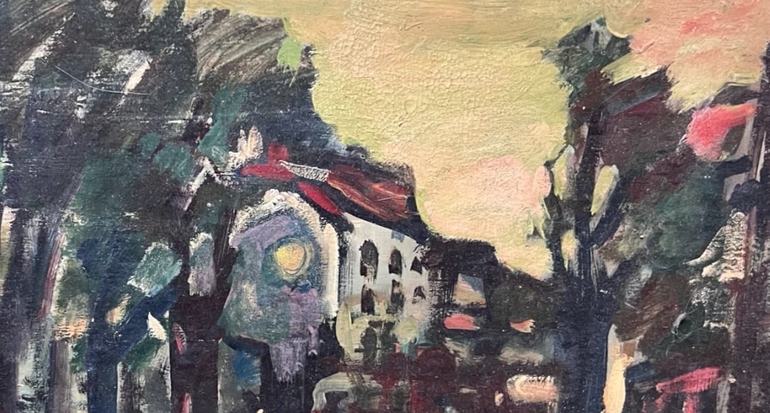 Antique Painting Original Landscape, Cityview, People signed - 5