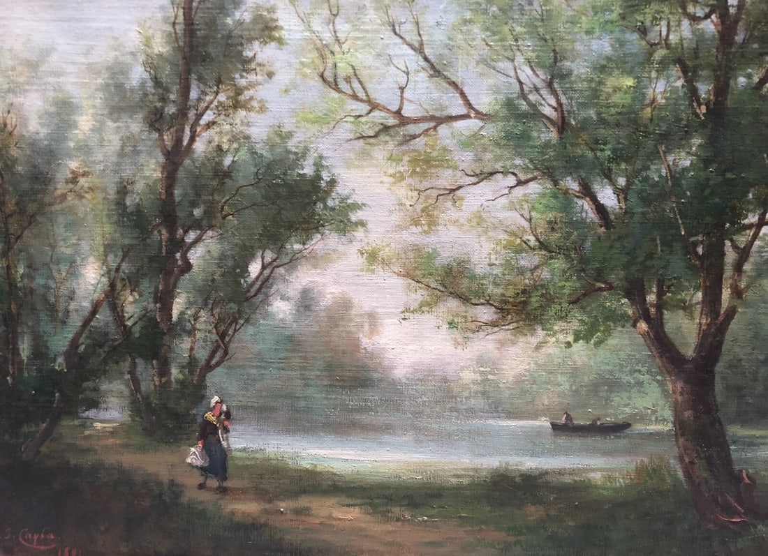 Jules CAYLA Landscape Barbizon, People - Antique Original Painting signed: Oil on wood 21 x 32,5 cm / 8.26 x 12.79 inches Signed Reserve: $600.00 Shipping: Domestic: Flat-rate of $80.00 to anywhere within the contiguous U.S. International: Foreign shipping rates are