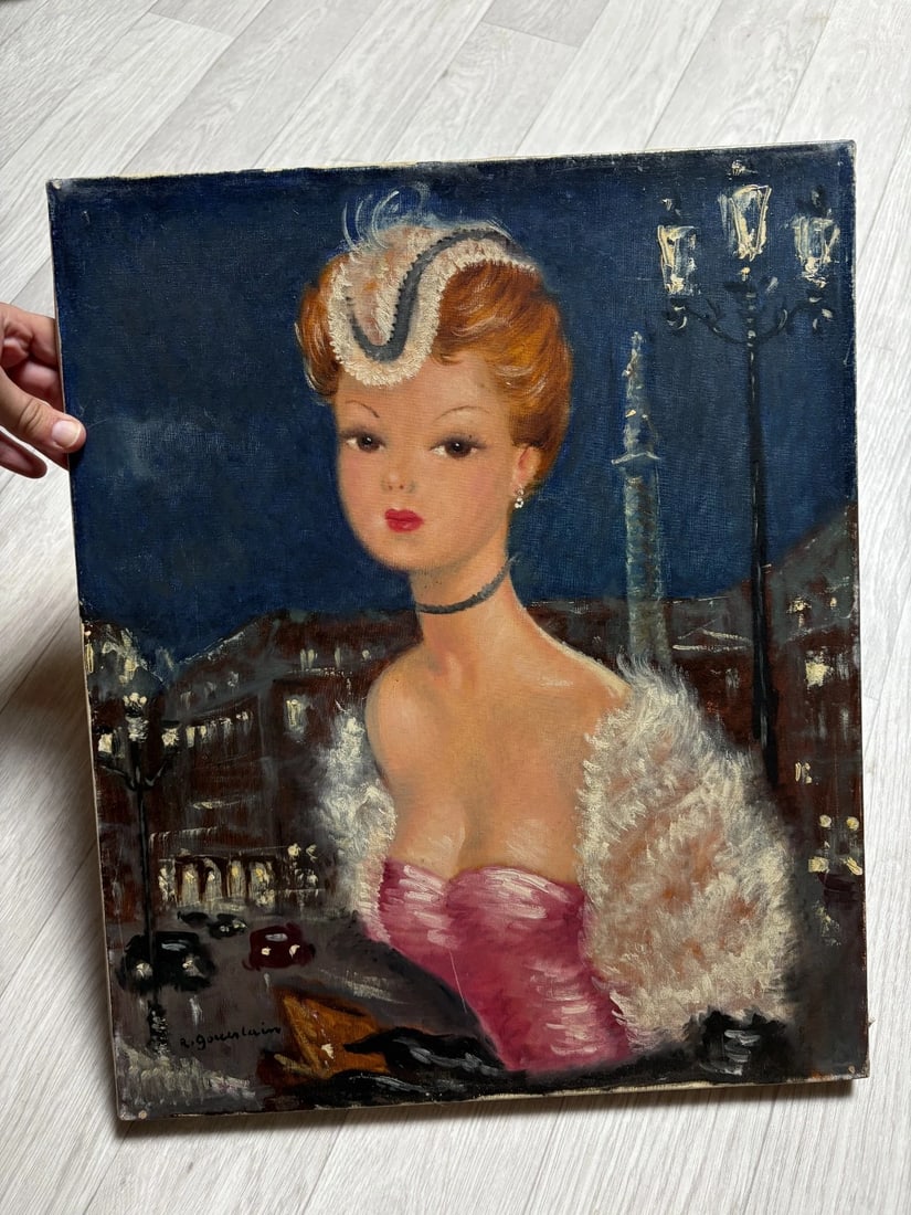 Antique Original Painting Portrait, Woman in Paris, Concorde signed - 2