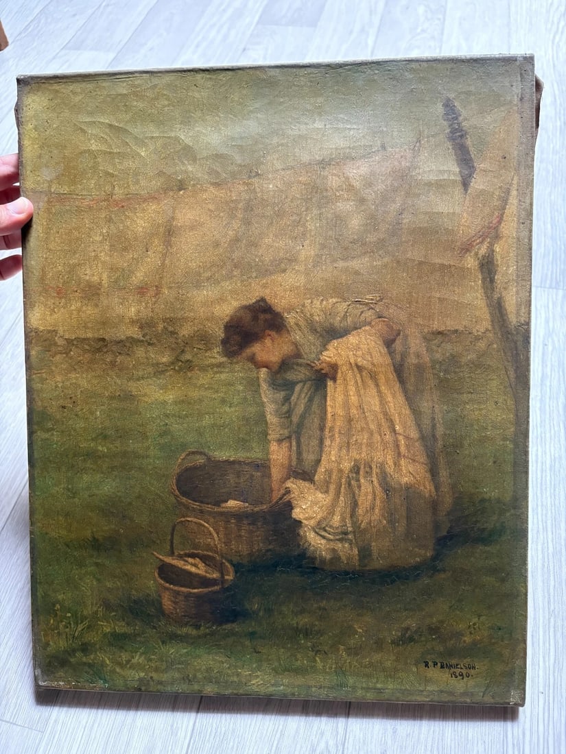 Antique Painting Original Woman, Laundry, Portrait, Working Life signed 1890 - 2