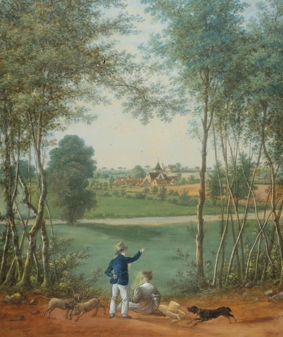 Camille Pierre MORET (1803-1871) Couple with Dogs - Painting Antique Original: Oil on paper stick to a cardboard 14.17 x 11.41 inches / 36 x 29 cm damaged corners, scratches, stains Reserve: $200.00 Shipping: Domestic: Flat-rate of $22.00 to anywhere within the contiguous U.S.<