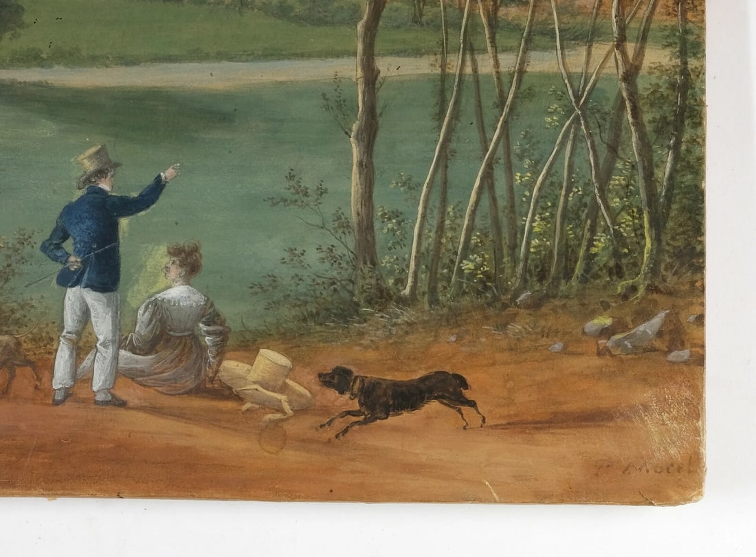 Camille Pierre MORET (1803-1871) Couple with Dogs - Painting Antique Original - 2