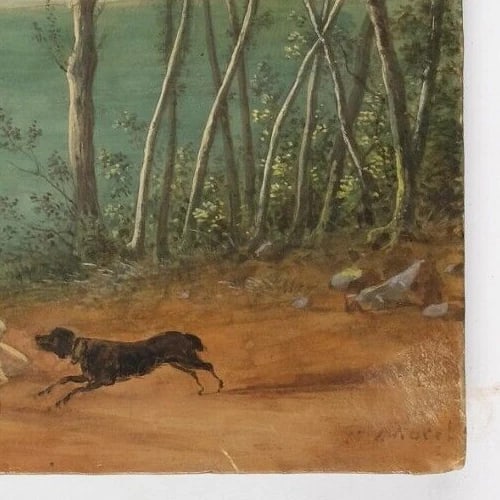 Camille Pierre MORET (1803-1871) Couple with Dogs - Painting Antique Original - 6