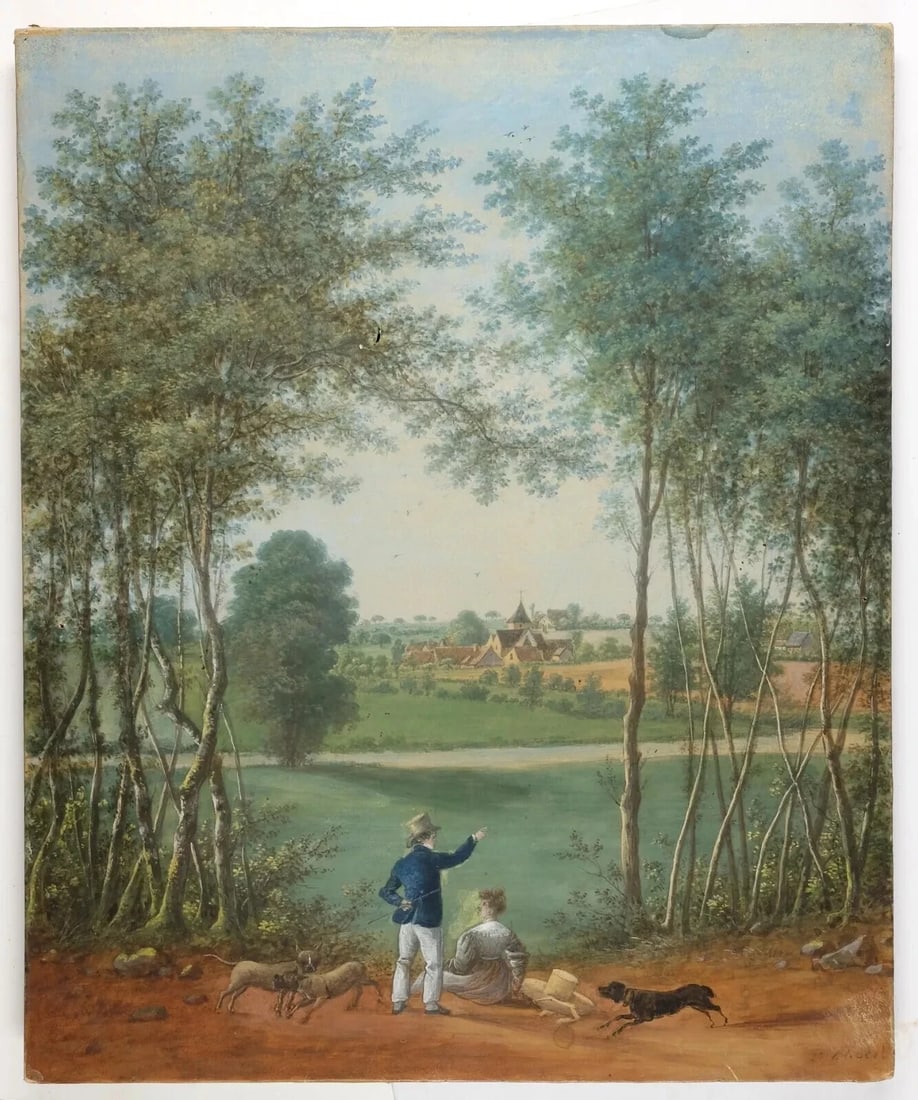 Camille Pierre MORET (1803-1871) Couple with Dogs - Painting Antique Original - 8