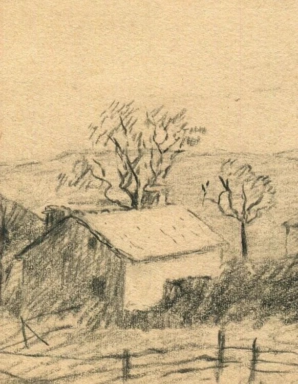 Village Landscape 1952 - Drawing Artwork Antique Pencil Original - 3