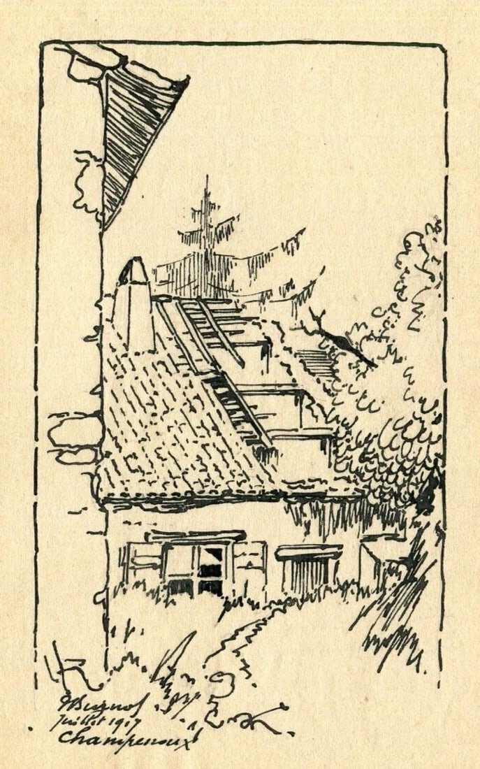 1917 Ruined House, Landscape - Drawing Antique Original Signed Artwork (1 of 8)