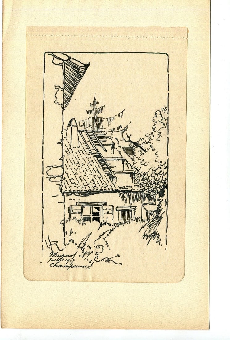 1917 Ruined House, Landscape - Drawing Antique Original Signed Artwork - 2