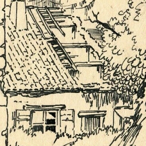 1917 Ruined House, Landscape - Drawing Antique Original Signed Artwork - 3