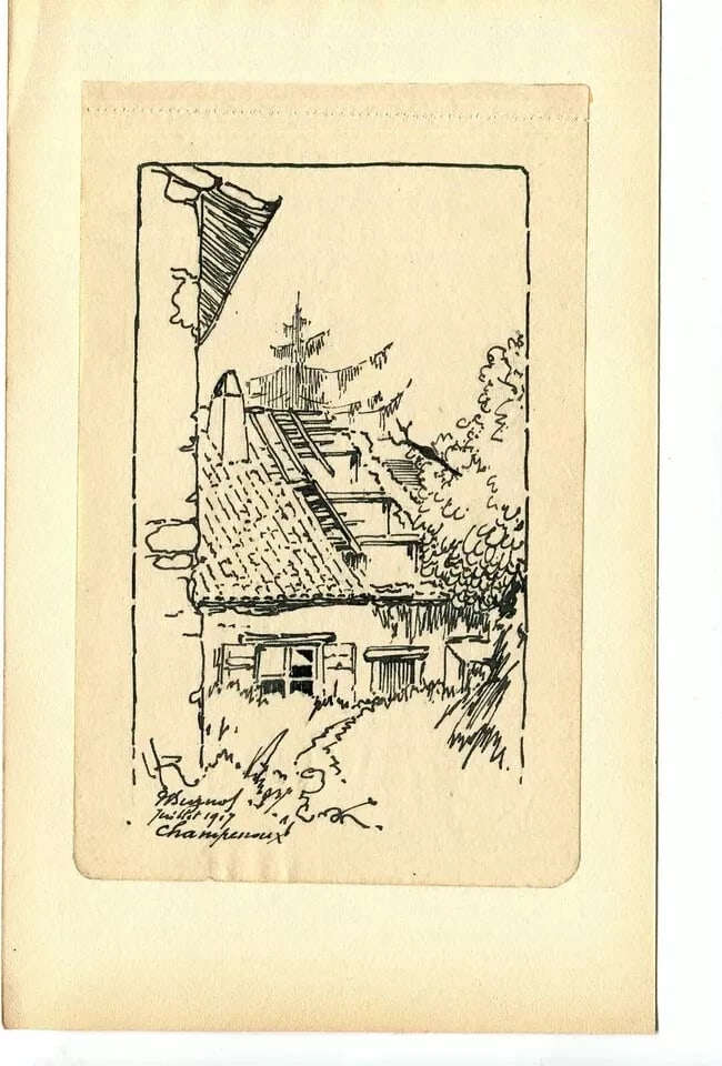 1917 Ruined House, Landscape - Drawing Antique Original Signed Artwork - 5