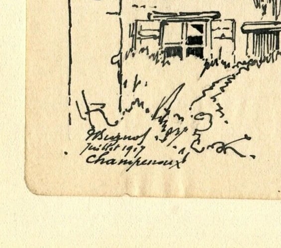 1917 Ruined House, Landscape - Drawing Antique Original Signed Artwork - 7